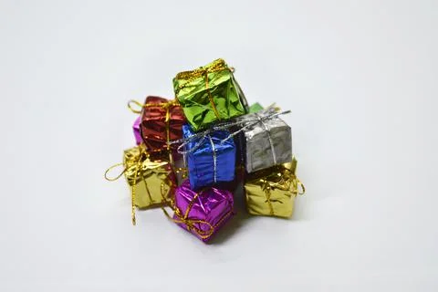 Stack of handmade gift boxes isolated on white background 스톡 사진