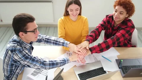 Stack of hands. Business startup teamwork unity concept. Diverse team putting Stock Footage 238034768