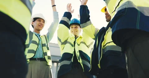 Stack, happy and construction team with hands together for progress, building Stock Footage 345652711