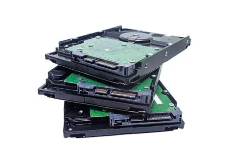 Stack of hard drive on white background isolated close-up techno background Stock Photos