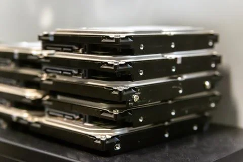 Stack of hard drives for data storage data center close-up Stockfoto's