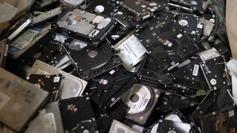 Stack of hard drives designed for recycling. Saving earth from electronic Stock Footage 105644632