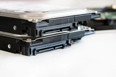 Stack of hard drives hdd close up isolated background Stock Photos