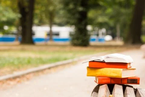 Stack of hardback books and Open book lying on bench at sunset park against 库存照片