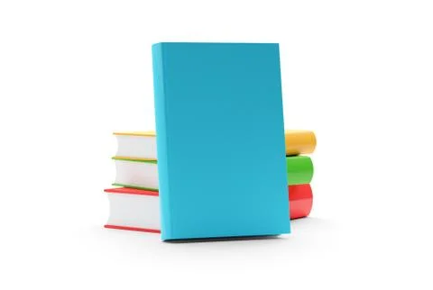 Stack of hardcover books with blank covers over white background with one boo Illustrazione stock