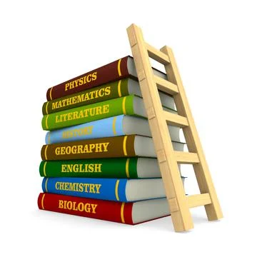 Stack of hardcover text books and staircase on white background. Isolated 3D  Stock Illustration