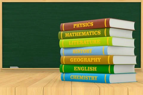 Stack of hardcover text books and blackboard on wooden surface. 3D illustrati Stock Illustration