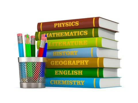 Stack of hardcover text books and pencil pot on white background. Isolated 3D Stock Illustration