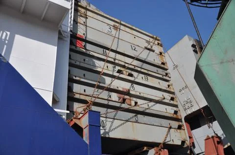Stack of hatch cover pontoon panels on cargo ship Stock-Fotos