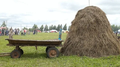 A stack of hay and cart Stock Footage 79503320