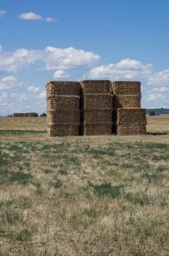 Stack of hay bales under blue sky with clouds 写真素材