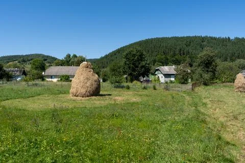 A stack of hay on a mountain meadow in a Carpathian Ukrainian village. Foto stock