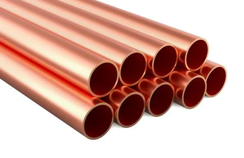 Stack of hollow copper pipes. 3D rendering Ilustración de archivo