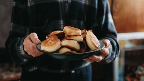 Stack of home pancakes served. Tasty sweet breakfast food. 動画素材 142098084