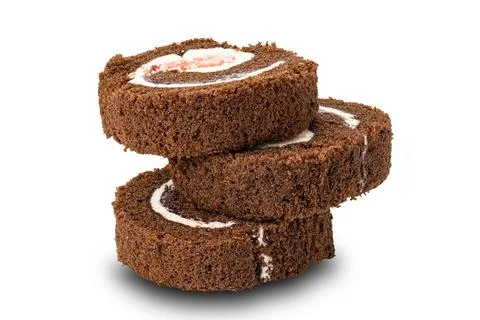 Stack of homemade Mini Black Forest Chocolate Sponge Cake Roll isolated on wh Foto stock