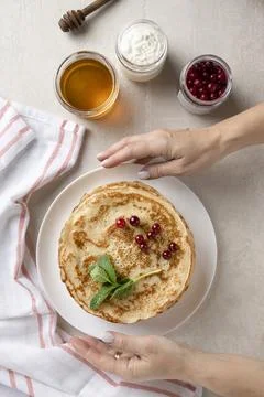 Stack of homemade pancakes top view Photos