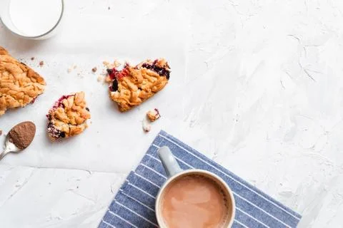 Stack of homemade pieces of cake with fresh jam. Stock Photos