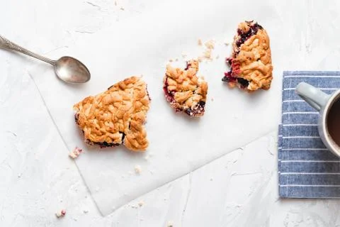 Stack of homemade pieces of cake with fresh jam. Stock Photos