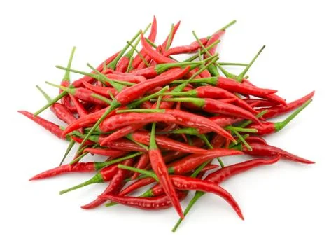 Stack of hot chili pepper or small chili padi, isolated on white background Stock Photos