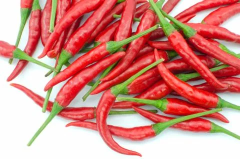 Stack of hot chili pepper or small chili padi, isolated on white background Stock Photos