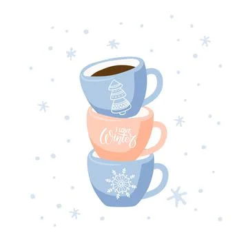 Stack of hot drinks cups with winter holiday symbols. Hot cocoa, Cappuccino for Stock Illustration