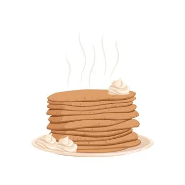 Stack of hot pancakes with whipped cream on plate. Dessert food concept. Cartoon Stockillustratie