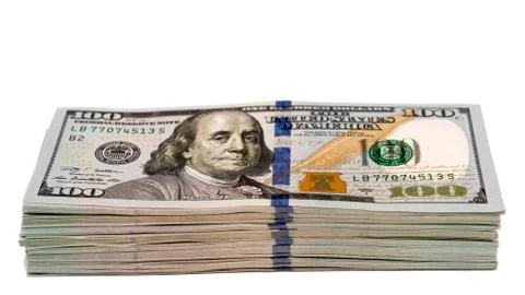 Stack of hundred dollar banknotes isolated with focus on the bottom 100s Stock Photos