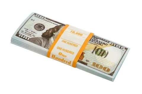 Stack of hundred dollar bills wrapped in a paper band on white background. .. Stock Photos