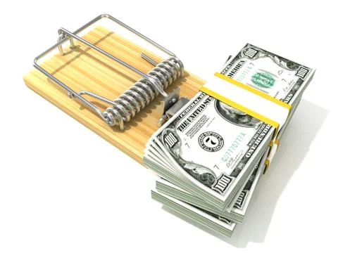 Stack of hundreds dollars, like bait, in wooden mousetrap. 3D Stock Illustration