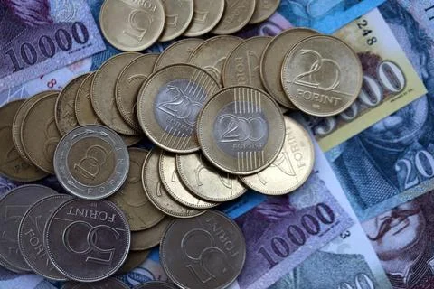 Stack of Hungarian Forint currency money bills and coins. HUF currency banknotes Stock Photos