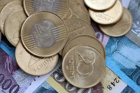 Stack of Hungarian Forint currency money bills and coins. HUF currency banknotes Stock Photos