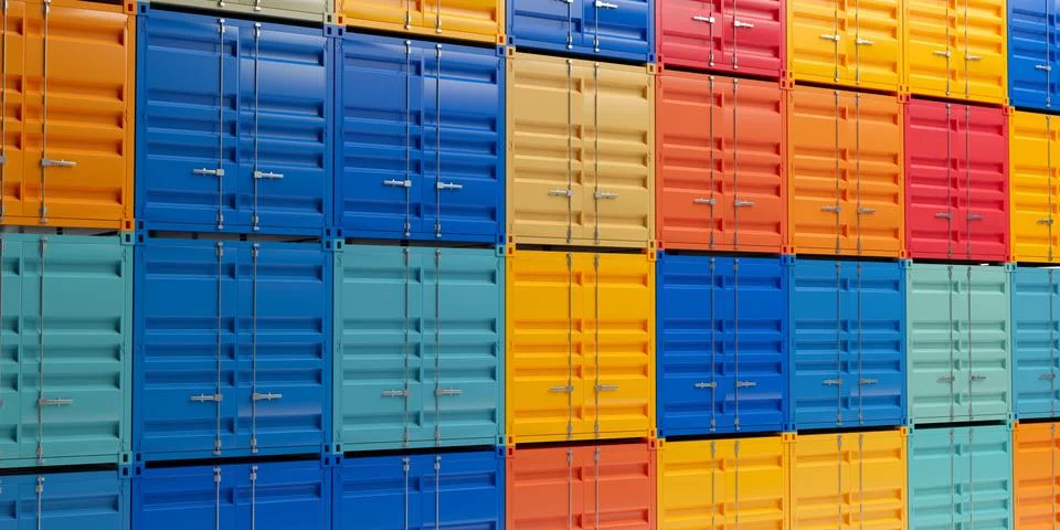 Stack of intermodal cargo shipping containers, freight, import or export indu Stock Illustration