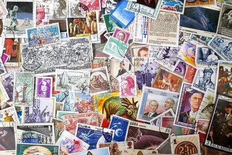 Stack of international stamps Foto stock