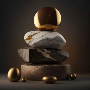 Stack of irregular marble stones with gold lines stacked in impossible bala.. 스톡 일러스트
