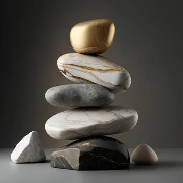 Stack of irregular marble stones with gold lines stacked in impossible bala.. Illustrazione stock