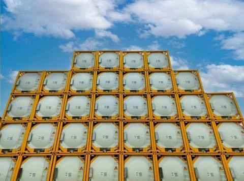 Stack of Iso tank containers with yellow panels and white tank Stock Photos