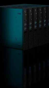 Stack of ISP servers illuminated with cyan blue glow on black イラスト素材