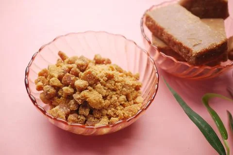 Stack of Jaggery traditional cane sugar cube on table Stock Photos