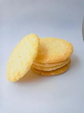 Stack of Japanese rice crackers, Sembei isolated on white Background Stock Photos
