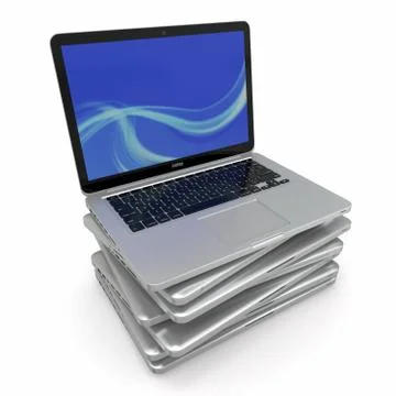Stack of laptop on white isolated background. 3d Stock Illustration