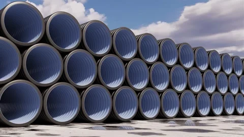 Stack of large-diameter dark blue polyethylene pipes. Time lapse. 3D render. Stock Footage 286988916