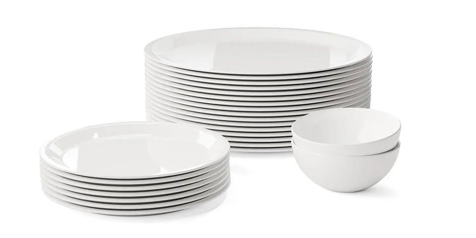 Stack of large empty white porcelain plates with a stack of small plates an.. Stock Illustration