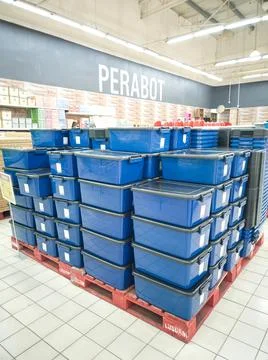 Stack of large plastic containers for storage Foto stock
