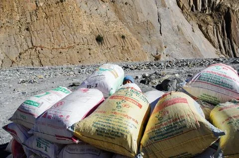 A stack of large sacks. 库存照片