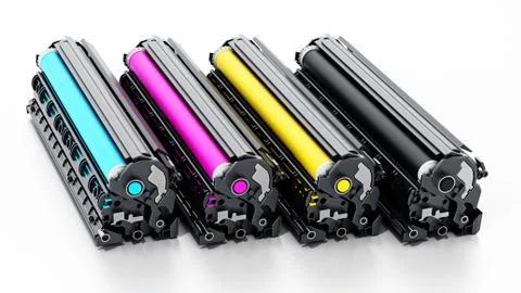 Stack of laser printer CMYK toners. 3D illustration Stock Illustration
