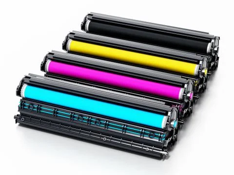 Stack of laser printer CMYK toners. 3D illustration イラスト素材