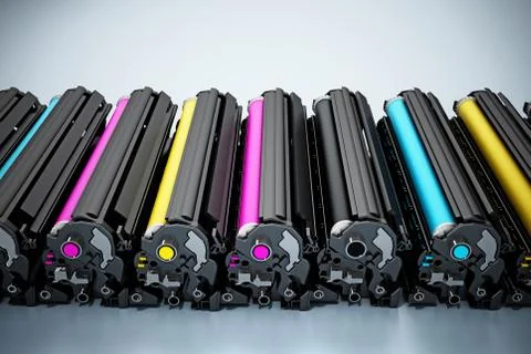 Stack of laser printer CMYK toners. 3D illustration Stockillustratie