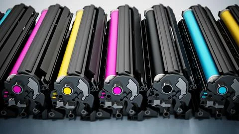 Stack of laser printer CMYK toners. 3D illustration イラスト素材