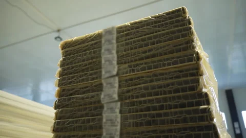 Stack of layered panels secured with clear wrapping and band Stock Footage 306670365