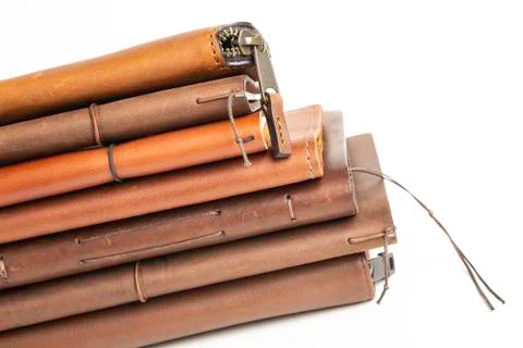 A Stack Of Leather-Bound Journals, Notebooks, Wallets &amp; Cases Stock Photos
